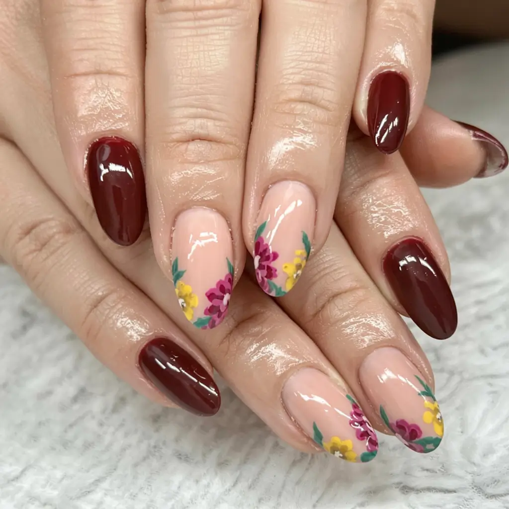 nail inspo for summer 2025 Berry Floral With Burgundy Shine