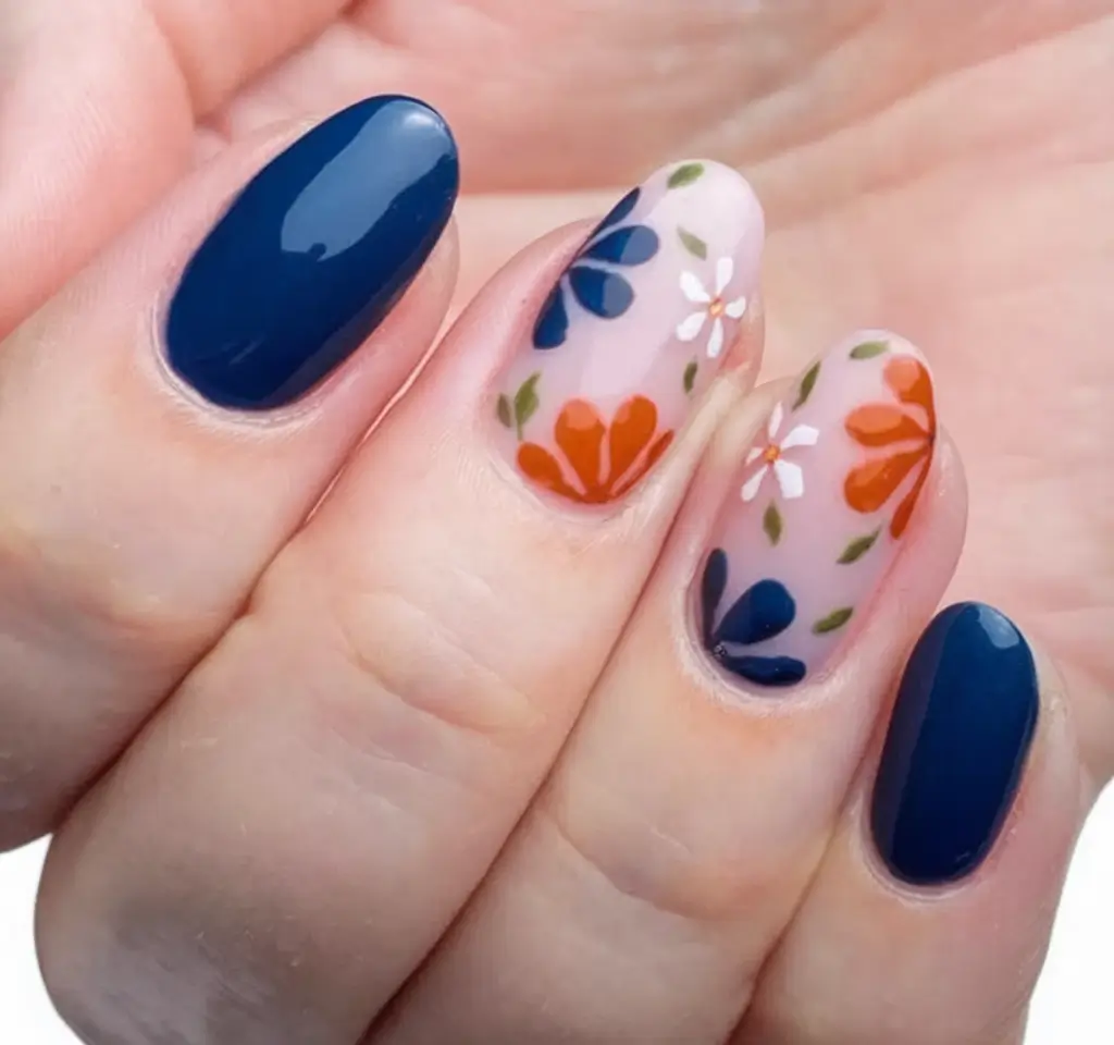 Nail Inspo for Summer 2025 Color Pop Blooms with Navy Elegance