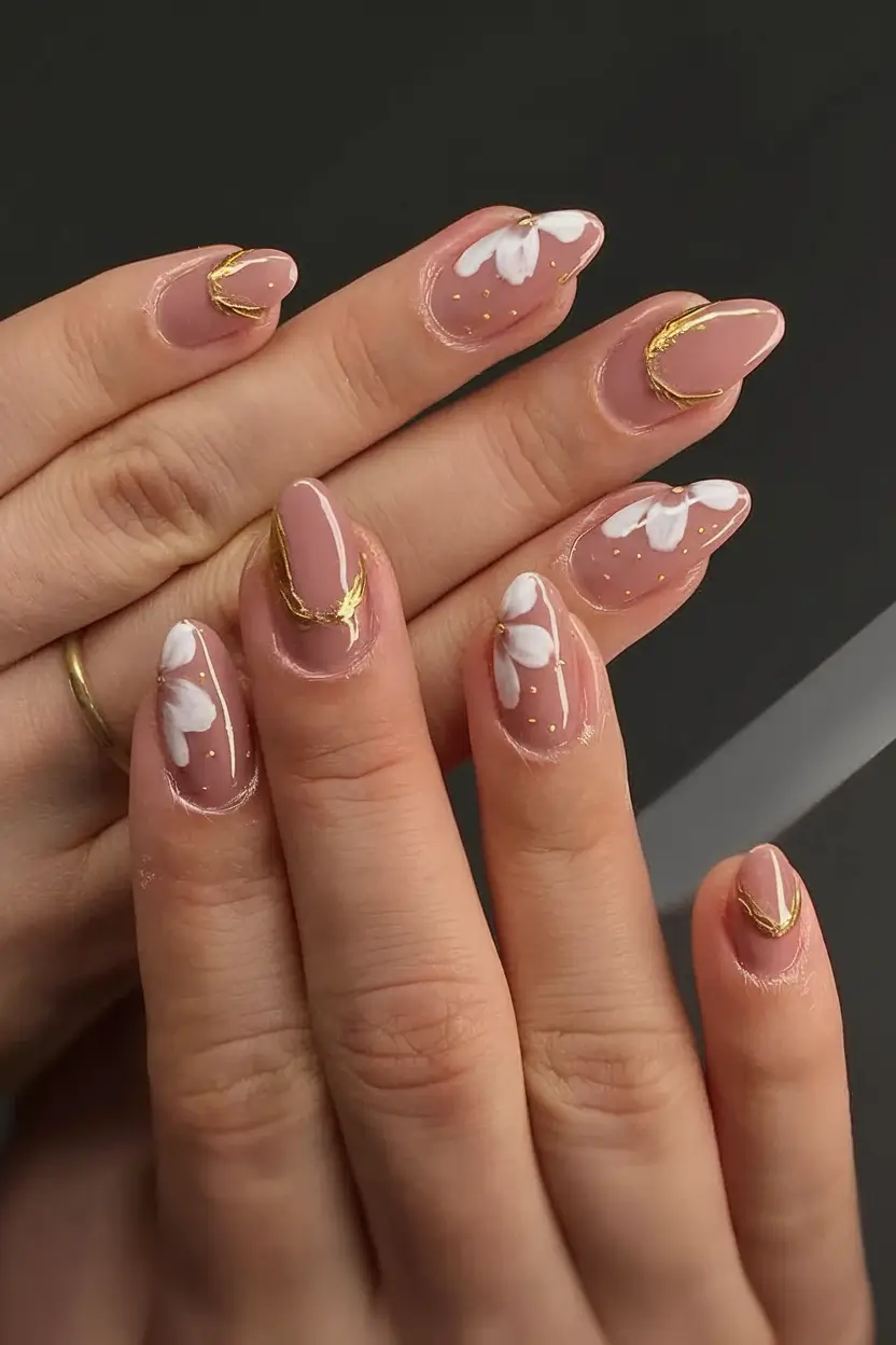 Nail Inspo for Summer 2025 Golden Daisies on Almond Blush