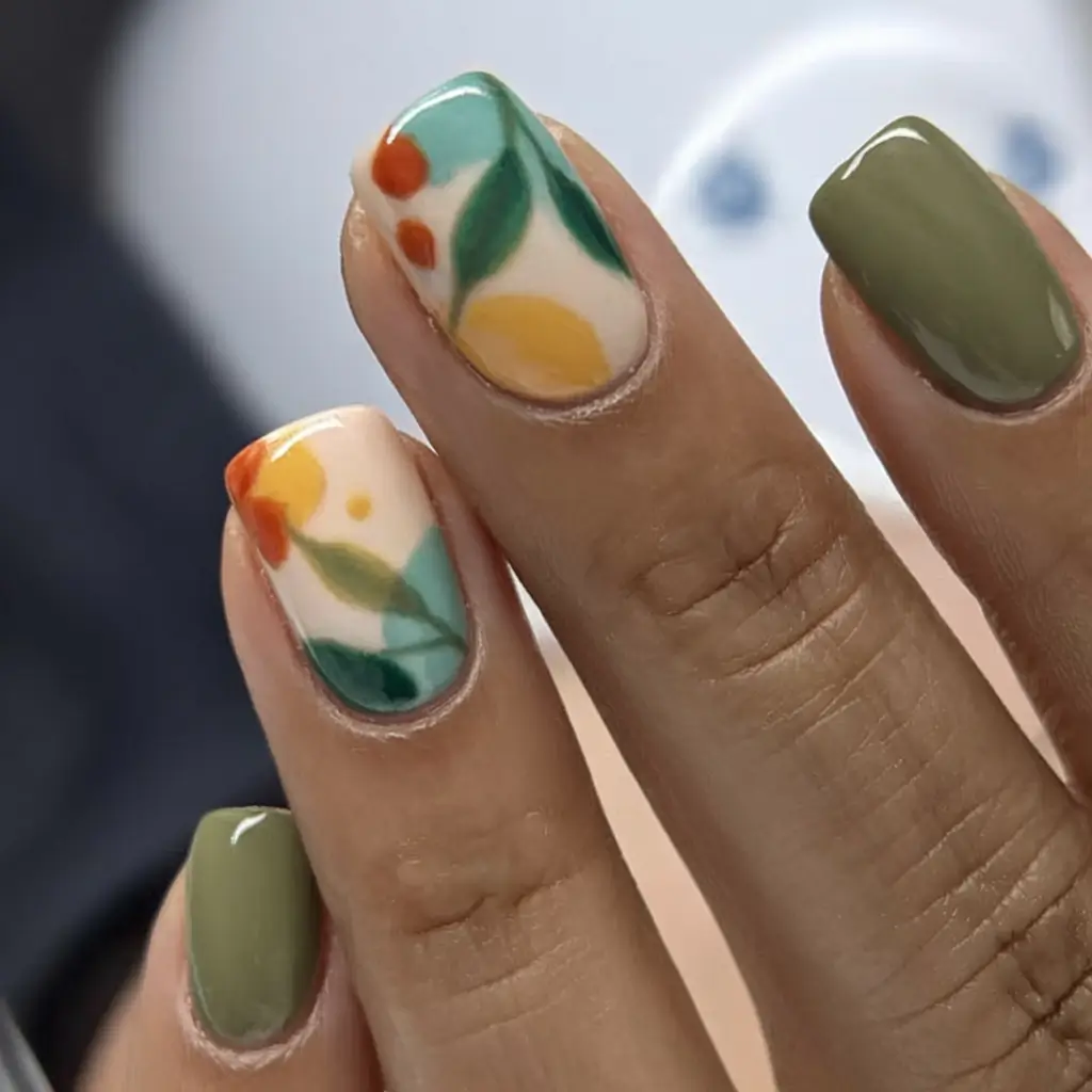 Nail Inspo for Summer 2025 Citrus Garden on Short Olive Tips