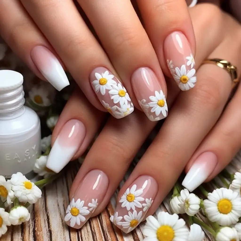nail inspo for summer 2025 classic daisies with french fade