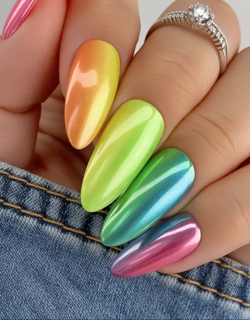 Neon Nails That Pop in 2025 Glossy Neon Rainbow with a Chrome Twist