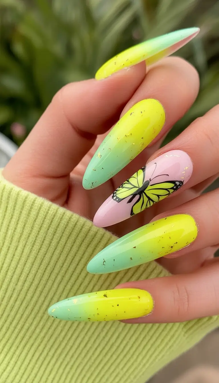 Neon Nails That Pop in 2025 Butterfly Lime Ombré