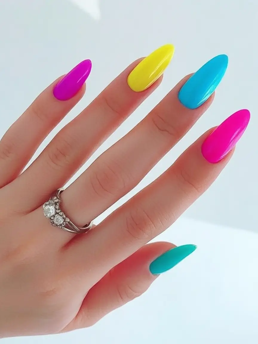 Neon Nails That Pop in 2025 Skittles Bright in a Clean Almond Finish