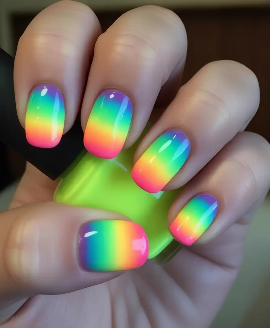Neon Nails That Pop in 2025 Rainbow Glow Gradient for Summer 2025