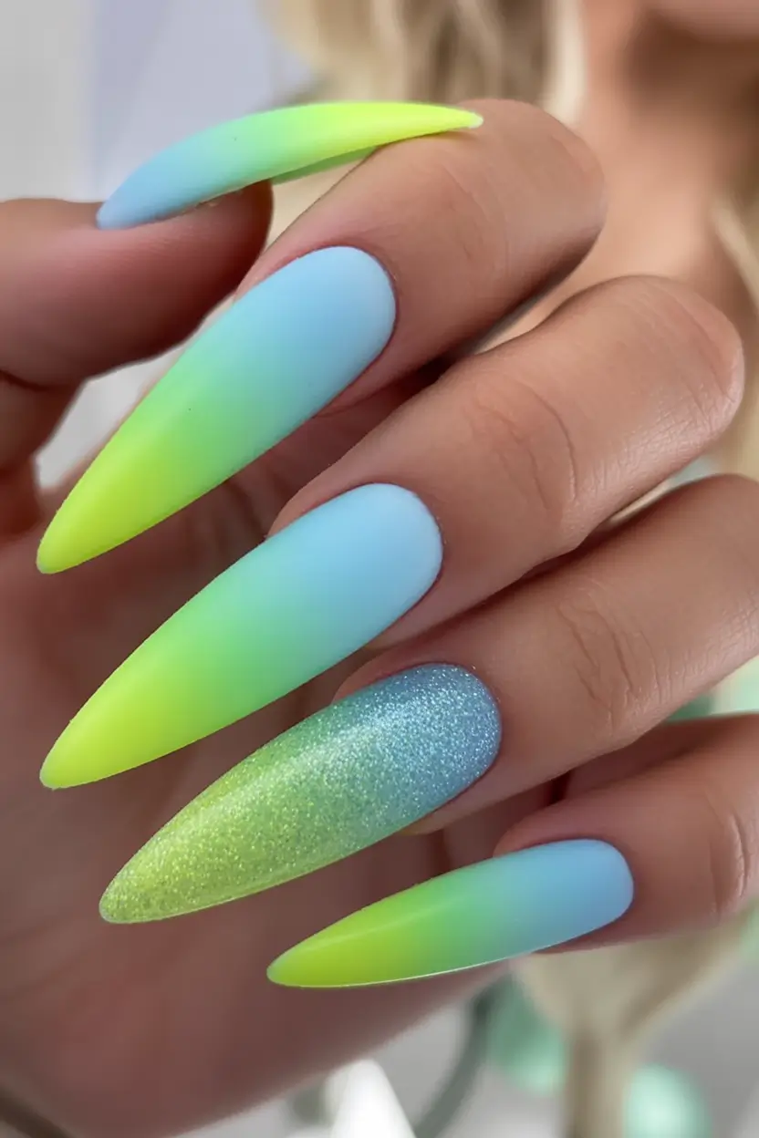 Neon Nails That Pop in 2025 Matte Neon Ice in Electric Lime and Sky