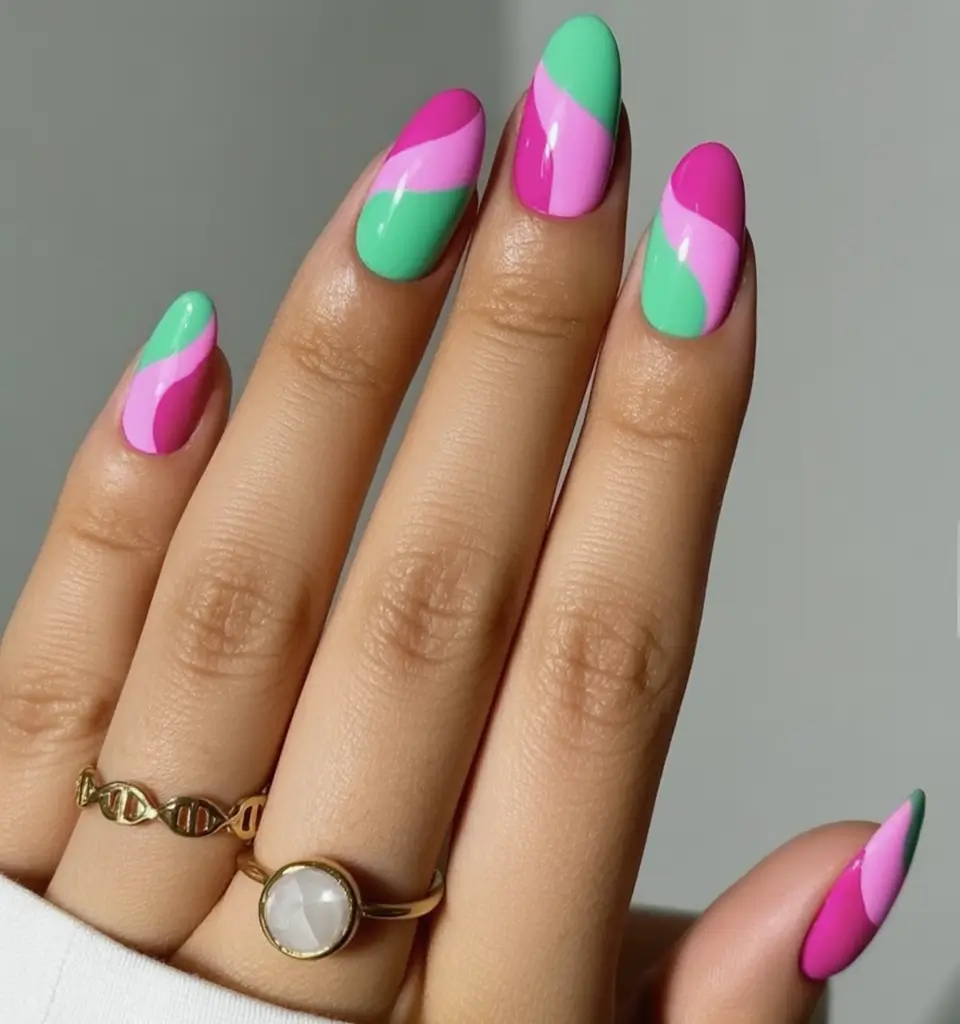 Neon Nails That Pop in 2025 Watermelon Swirls in Pink and Mint