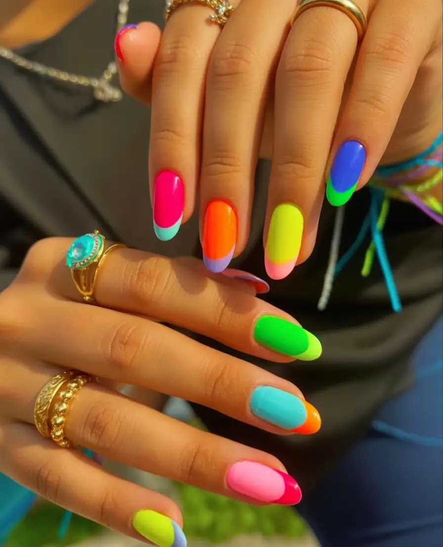 Neon Nails That Pop in 2025 Bright French Tips in Mismatched Color Splits