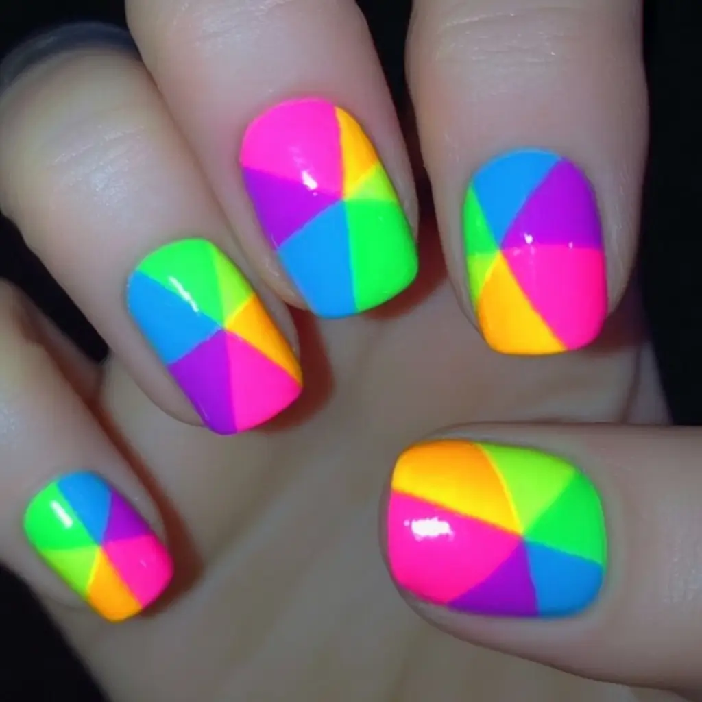 Neon Nails That Pop in 2025 Pinwheel Brights in Glossy Short Squares