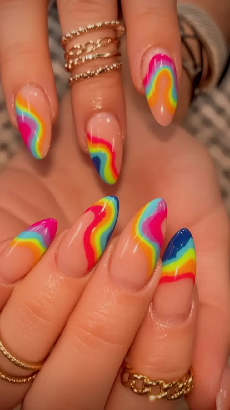 Neon Nails That Pop in 2025 Retro Rainbow Curves on Almond Tips