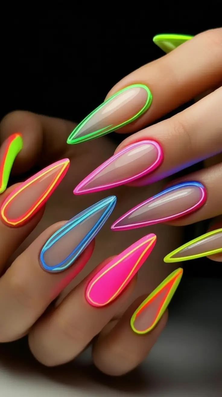 Neon Nails That Pop in 2025 Neon Wireframe Tips in Transparent Color