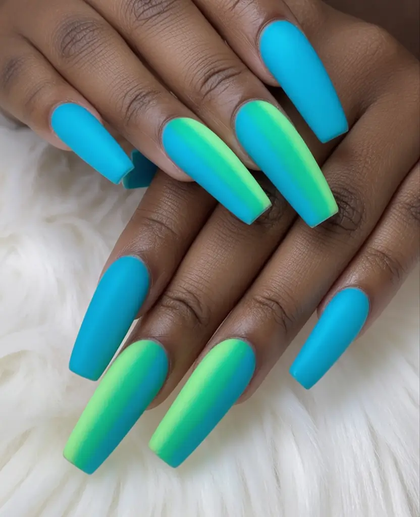 Neon Nails That Pop in 2025 Matte Blue & Green Power Blend