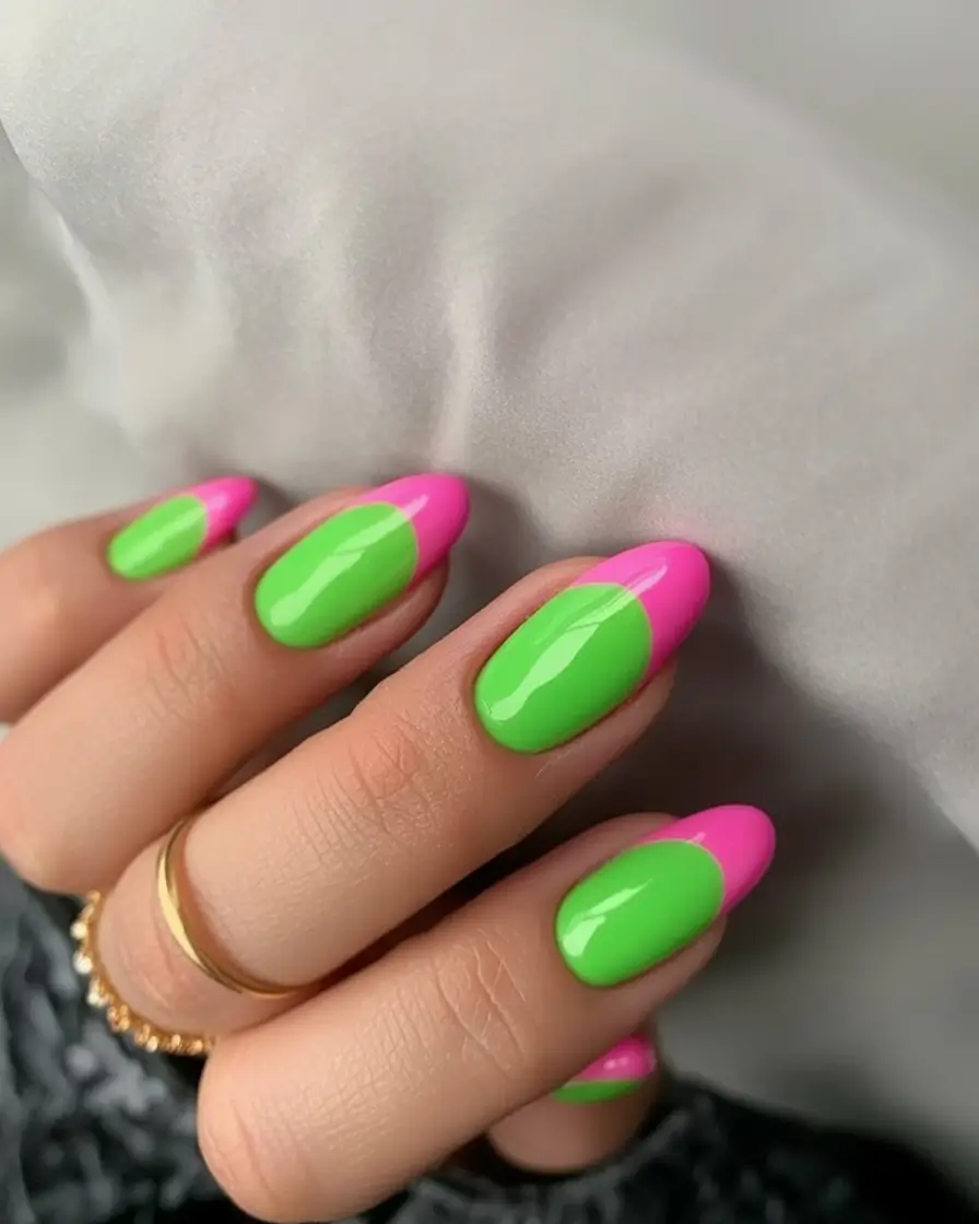 Neon Nails That Pop in 2025 Juicy Green and Pink High-Gloss Frenchies