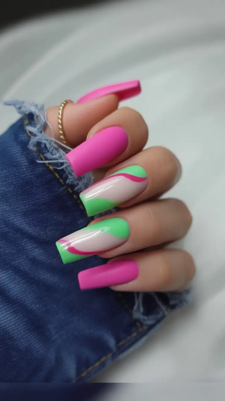 Neon Nails That Pop in 2025 Barbie Twist Meets Mojito Swirl