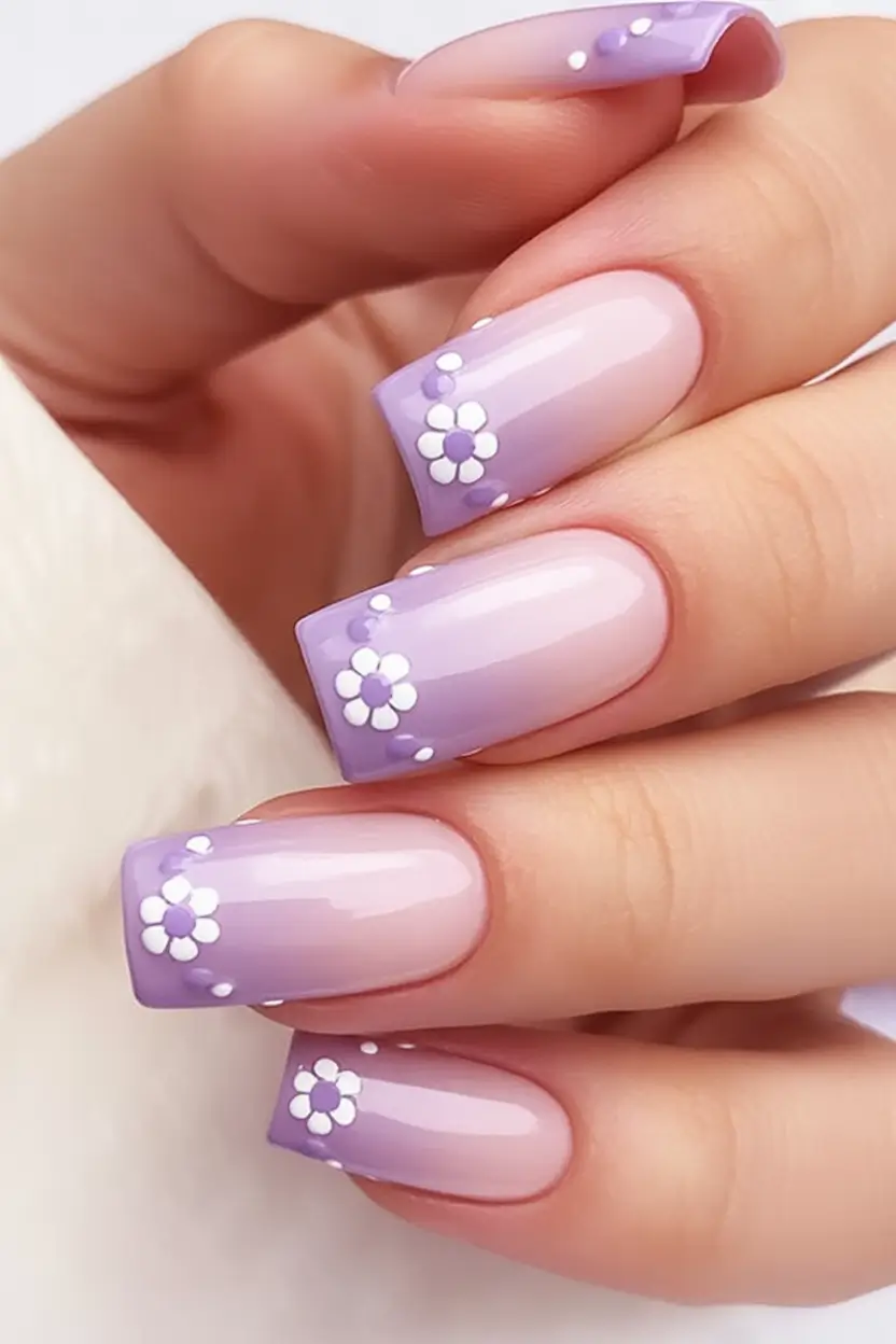 Ombre Looks for Summer 2025 Lavender Bloom: Square French with a Floral Twist