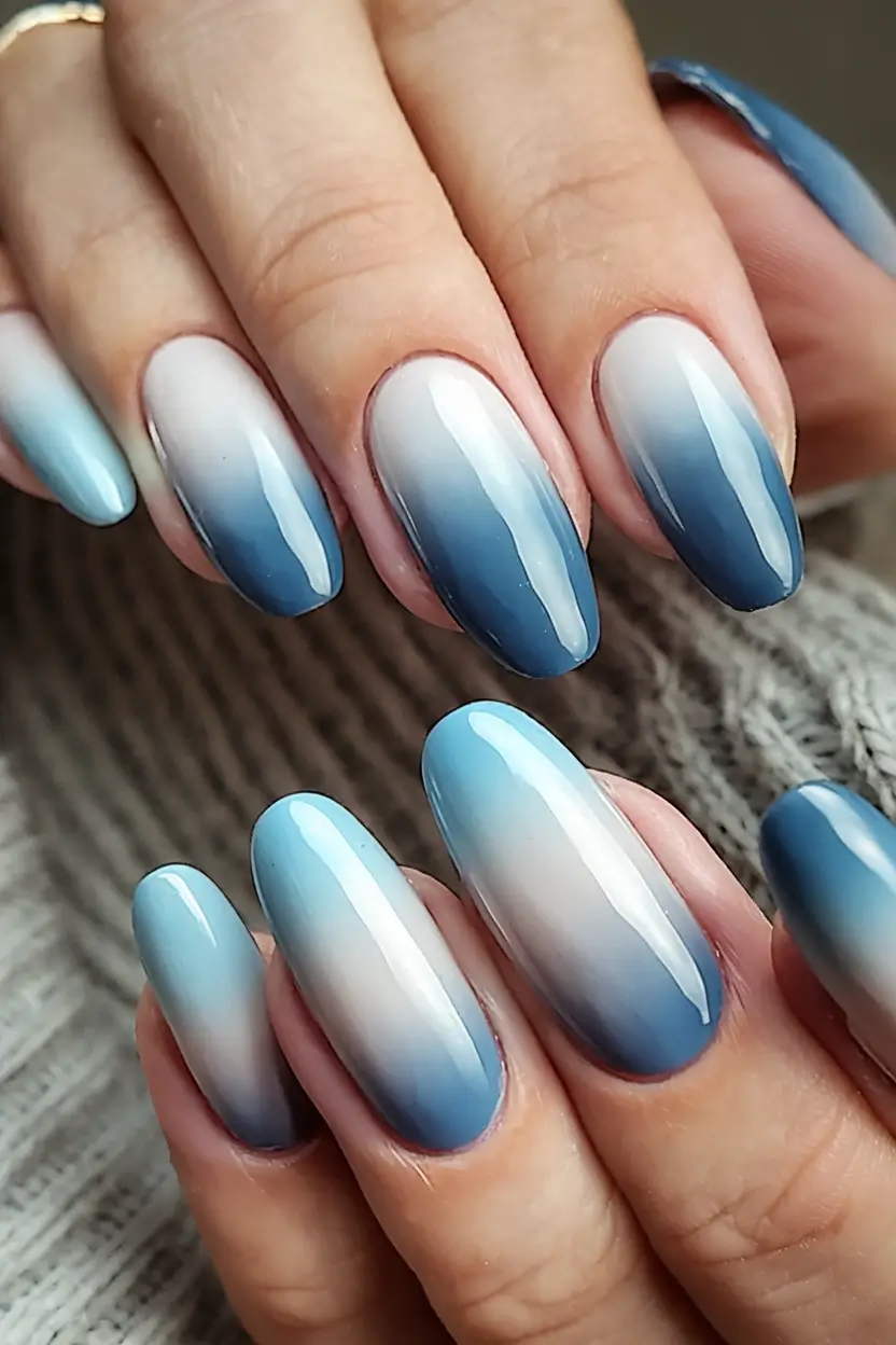 Ombre nails made for summer 2025 Blue Ice Fade On Oval Tips