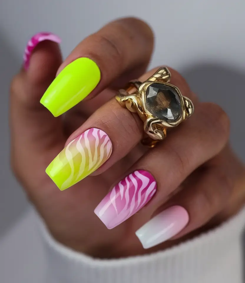 Ombre nails made for summer 2025 Neon Safari Ombré With Zebra Flair