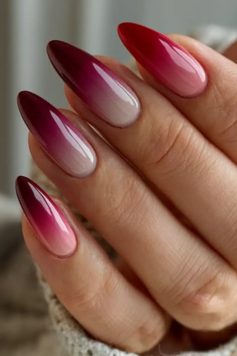 Ombre nails made for summer 2025 Crimson Fade On Almond Gloss