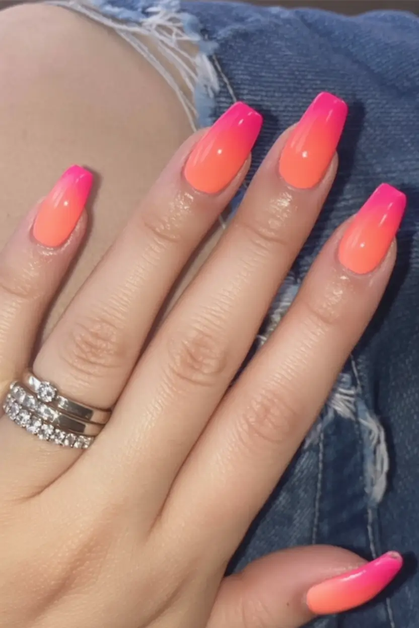 Ombre nails made for summer 2025 Bright Neon Acrylic With Coral-Pink Heat
