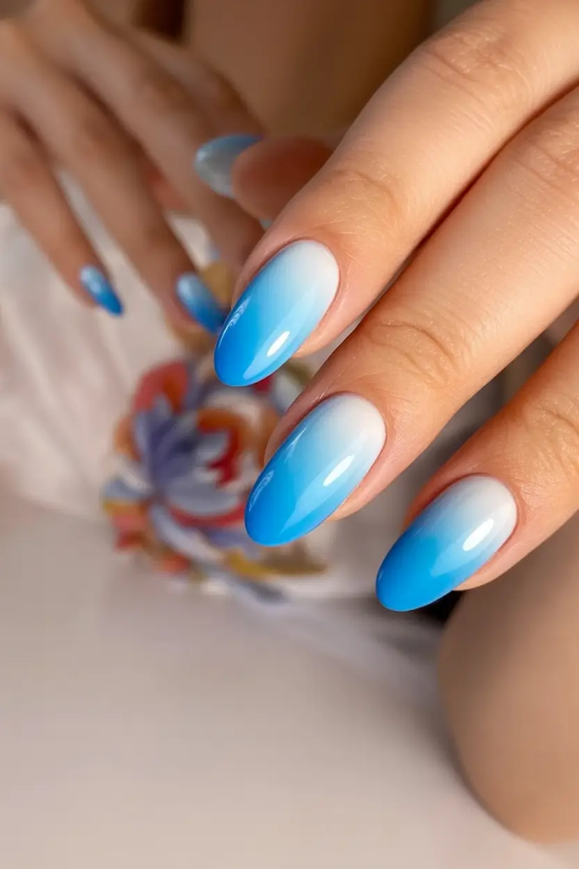 Ombre Nails Made for Summer 2025 Crystal Blue Ombre with Ocean Shine