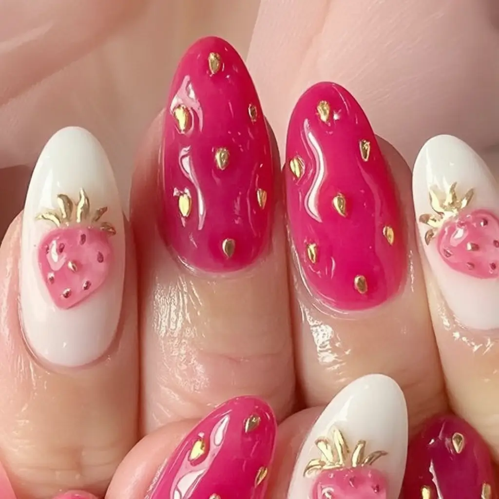 Nail Design for Summer 2025 Berry Sweet: Fruity Pink With Golden Seeds