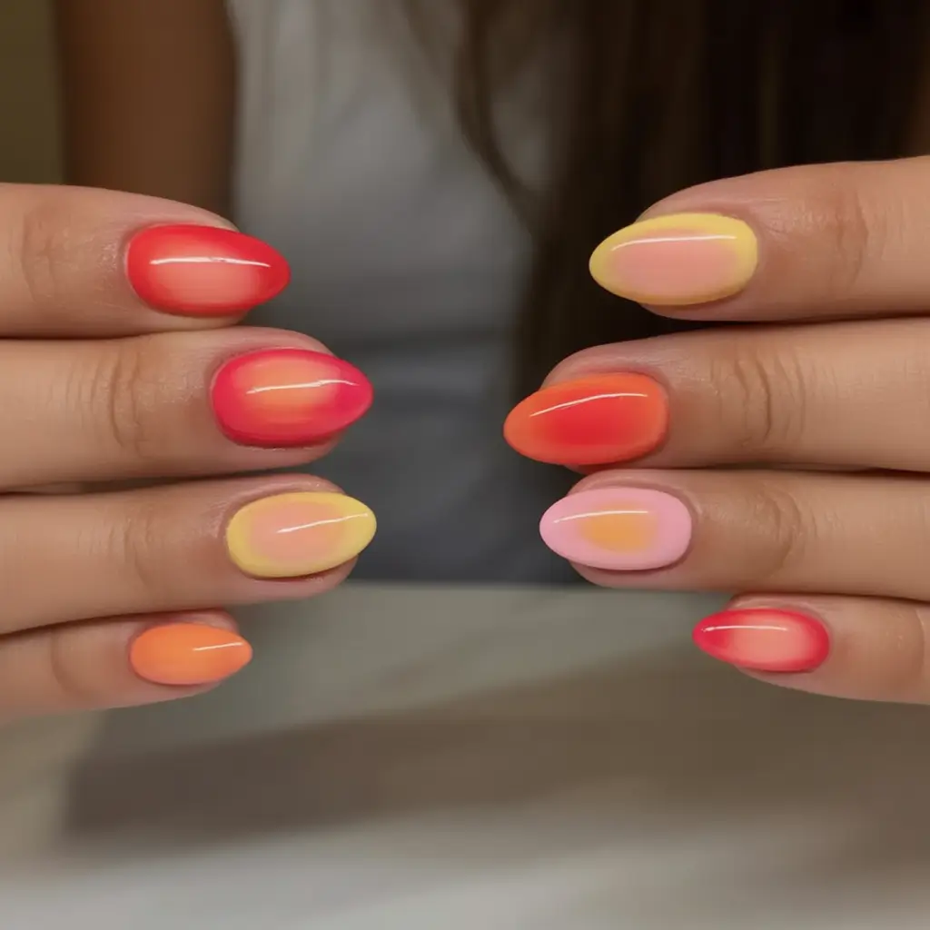 Oval Nail Looks for Summer 2025 Peachy Sunset Ombre With Glossy Finish