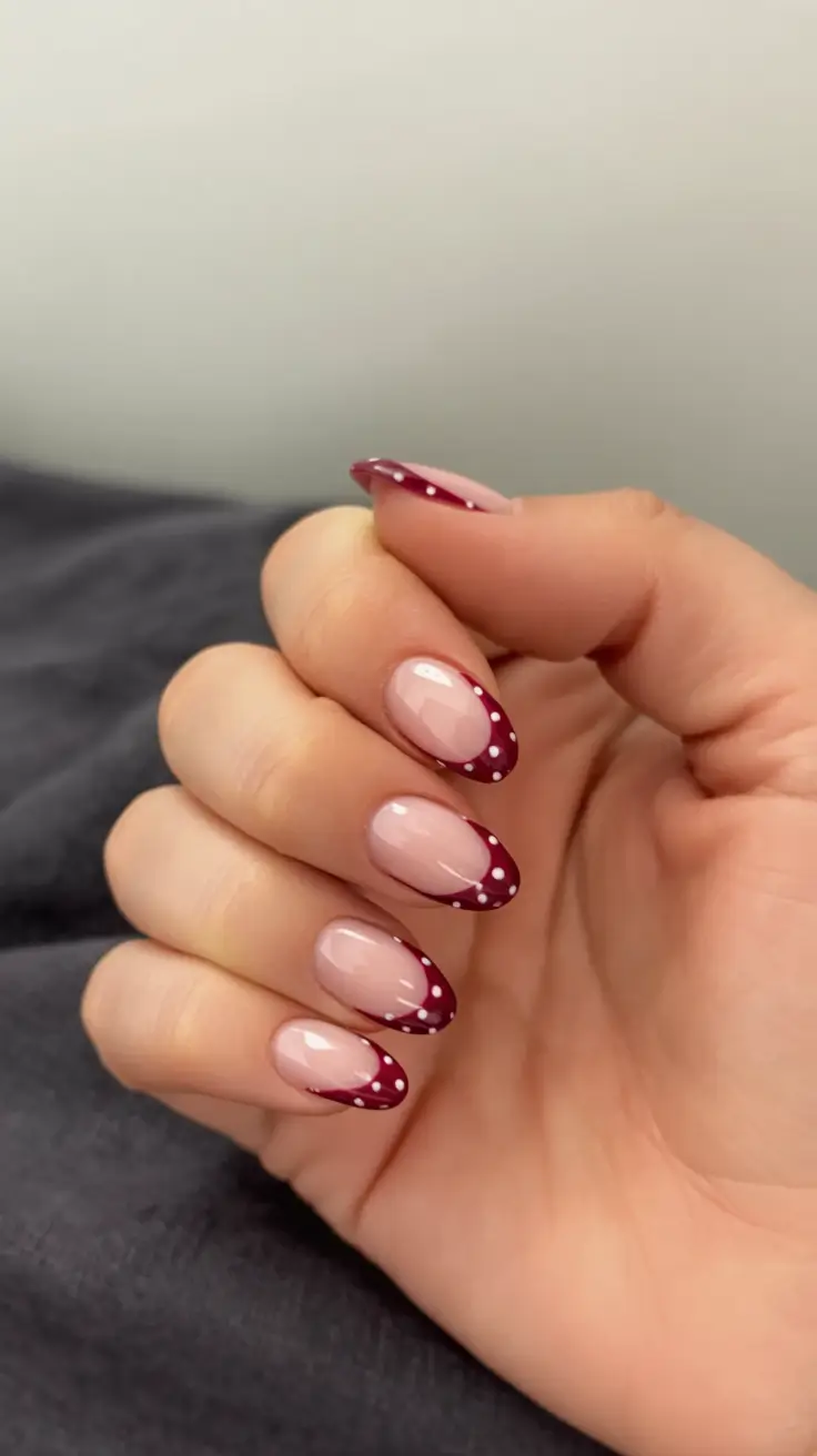 Oval Nail Looks for Summer 2025 Vintage Polka Dot French In Burgundy