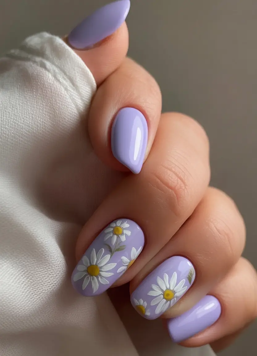 Oval Nail Looks for Summer 2025 Lavender Field With Daisy Art