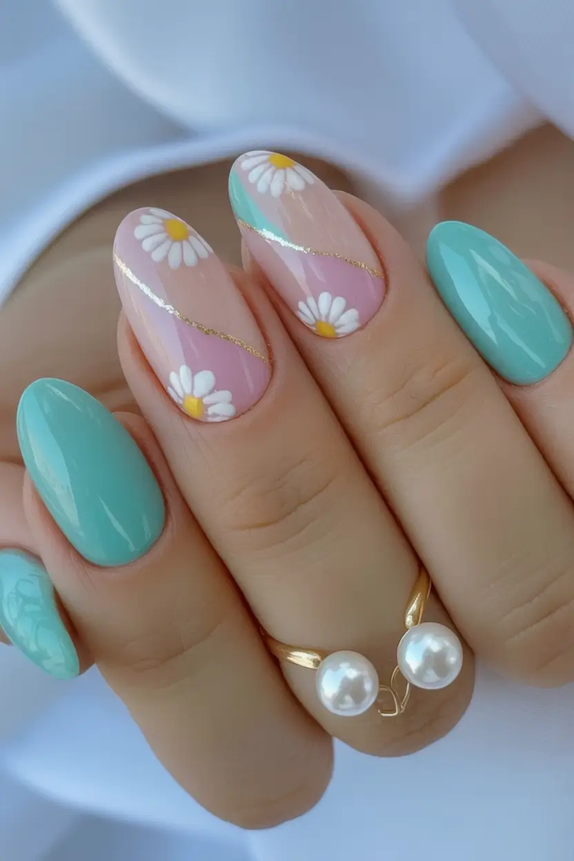 Oval Nail Looks for Summer 2025 Turquoise Garden With Golden Petals