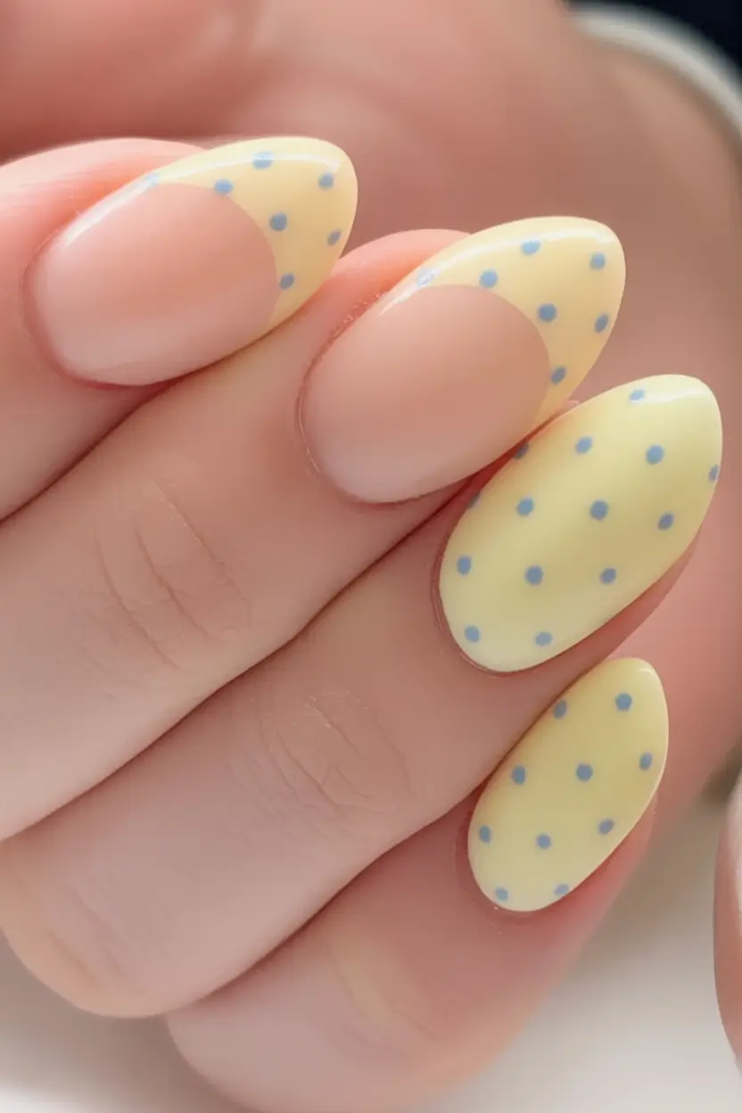 Oval Nail Looks for Summer 2025 Lemon Cream Polka Dots With Retro Vibe