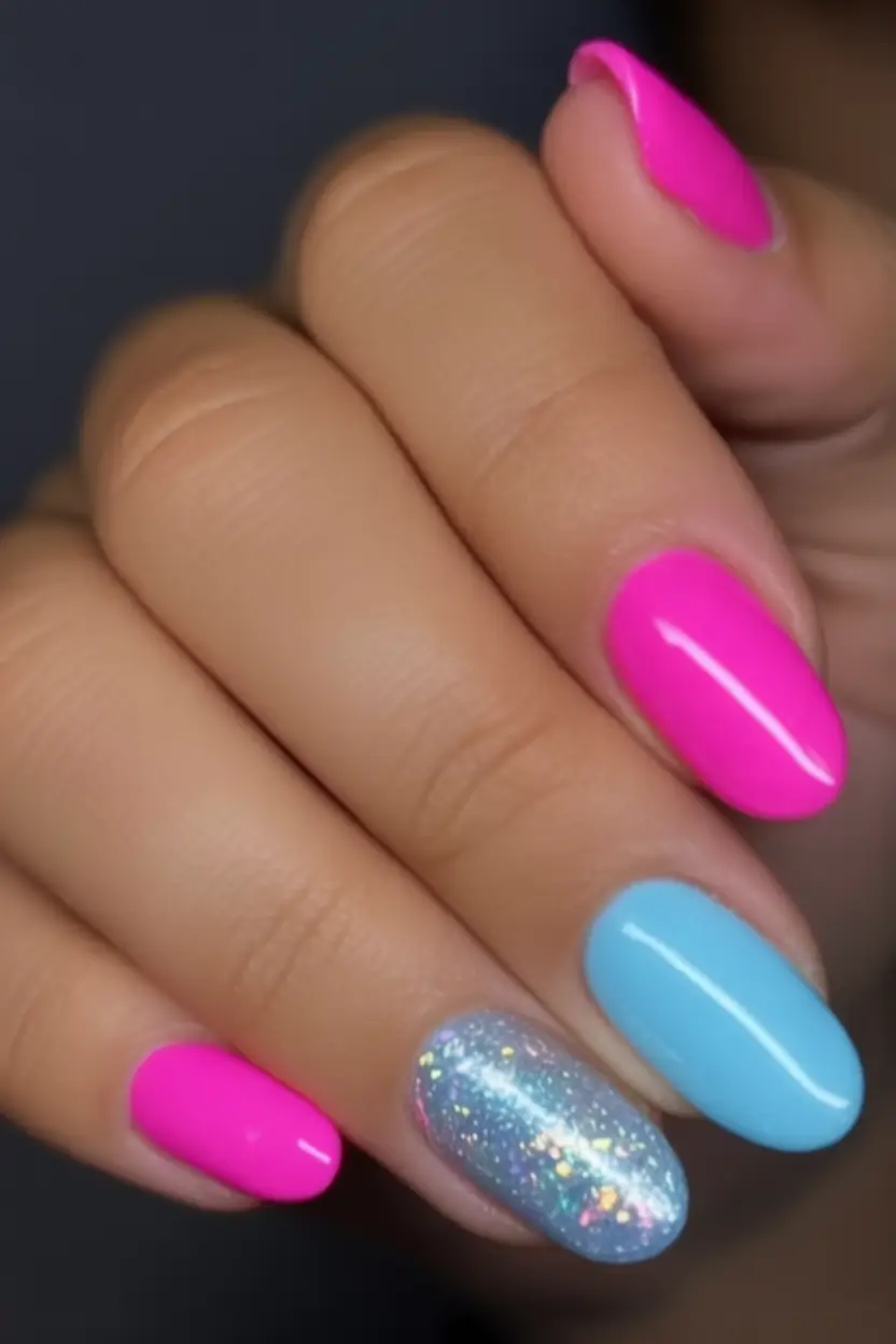 Oval Nail Looks for Summer 2025 Pop of Pink Meets Cool Blue Energy