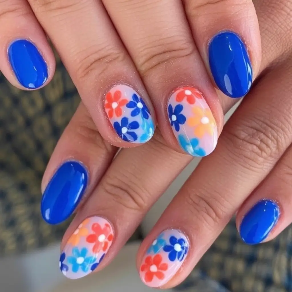 Oval Nail Looks for Summer 2025 Bold Blue Florals with Retro Flair