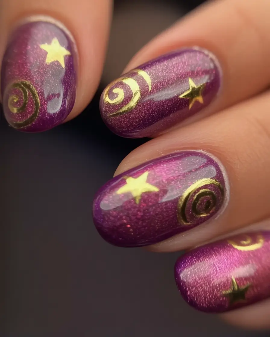 Oval Nail Looks for Summer 2025 Cosmic Crush in Purple and Gold