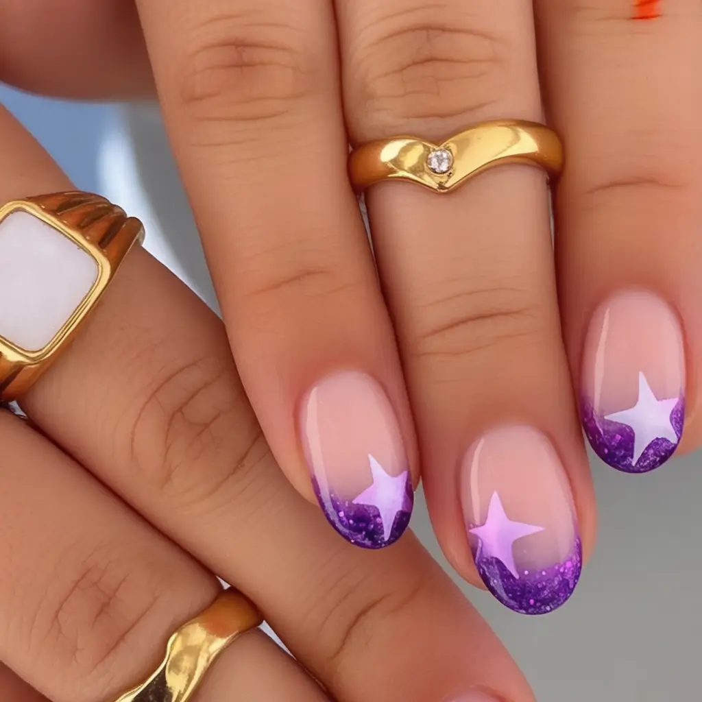 Violet Sparkle Star Tips Oval Nail Looks for Summer 2025