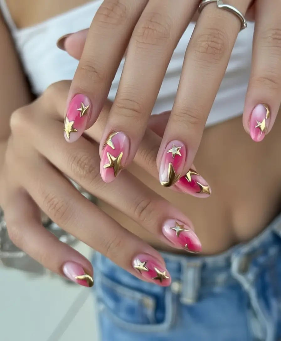 Summer 2025 Golden Starburst in Pink Chrome on Oval Nail Looks