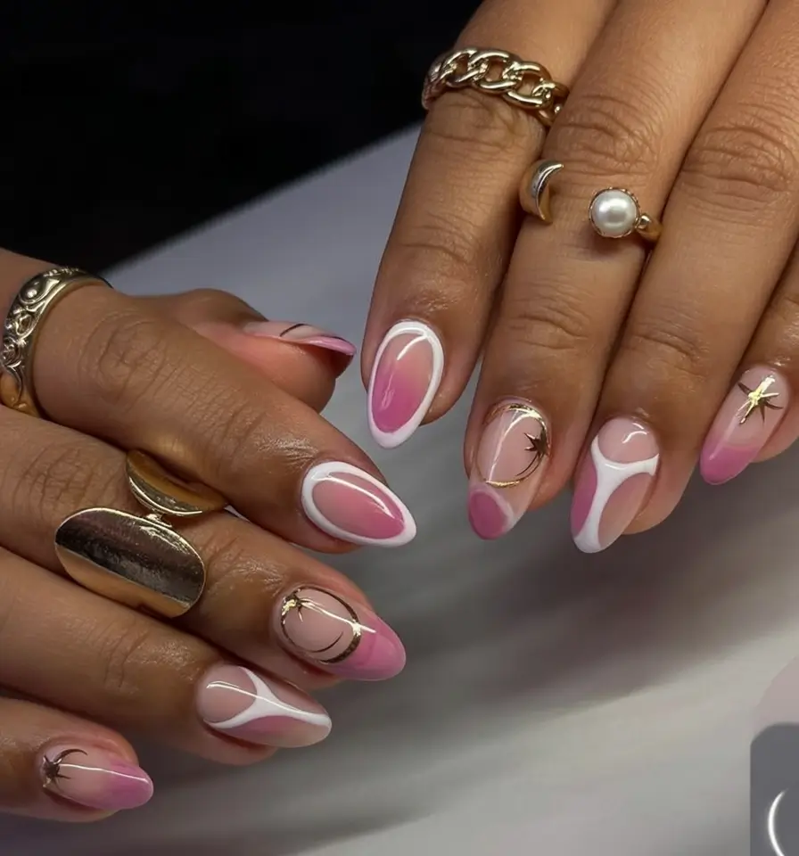 Oval Nail Looks for Summer 2025 Retro Swirl Dream In Pink And White