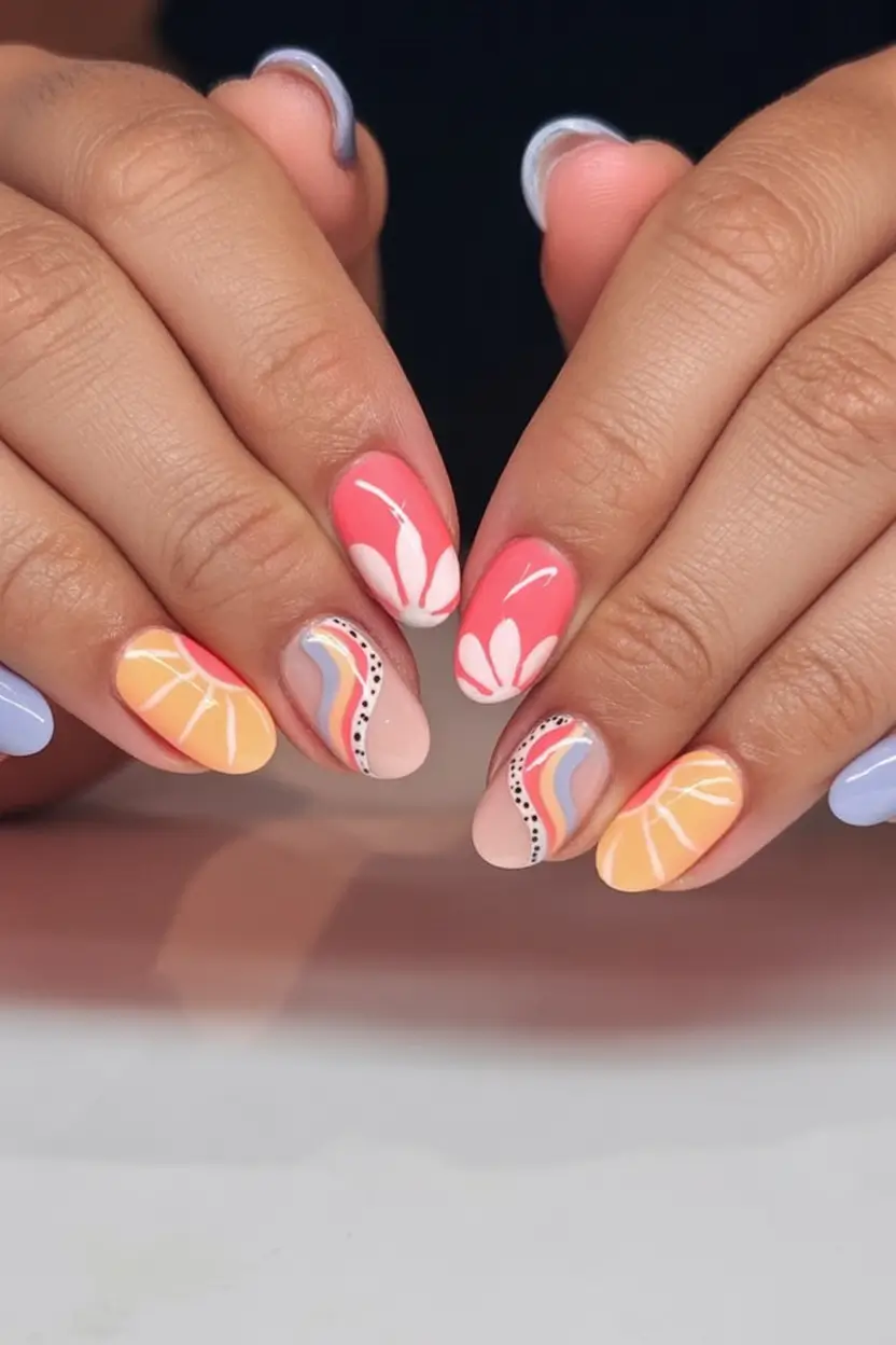 Oval Nail Looks for Summer 2025 Sunset Sorbet: Pastel Waves And Summer Doodles