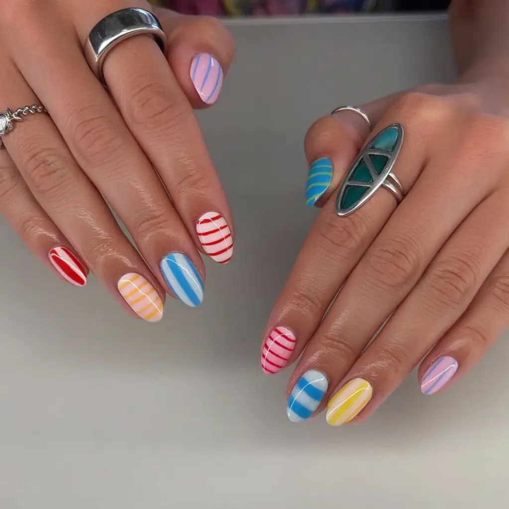 Oval Nail Looks for Summer 2025 Striped Pop Art: Rainbow Meets Retro Chic