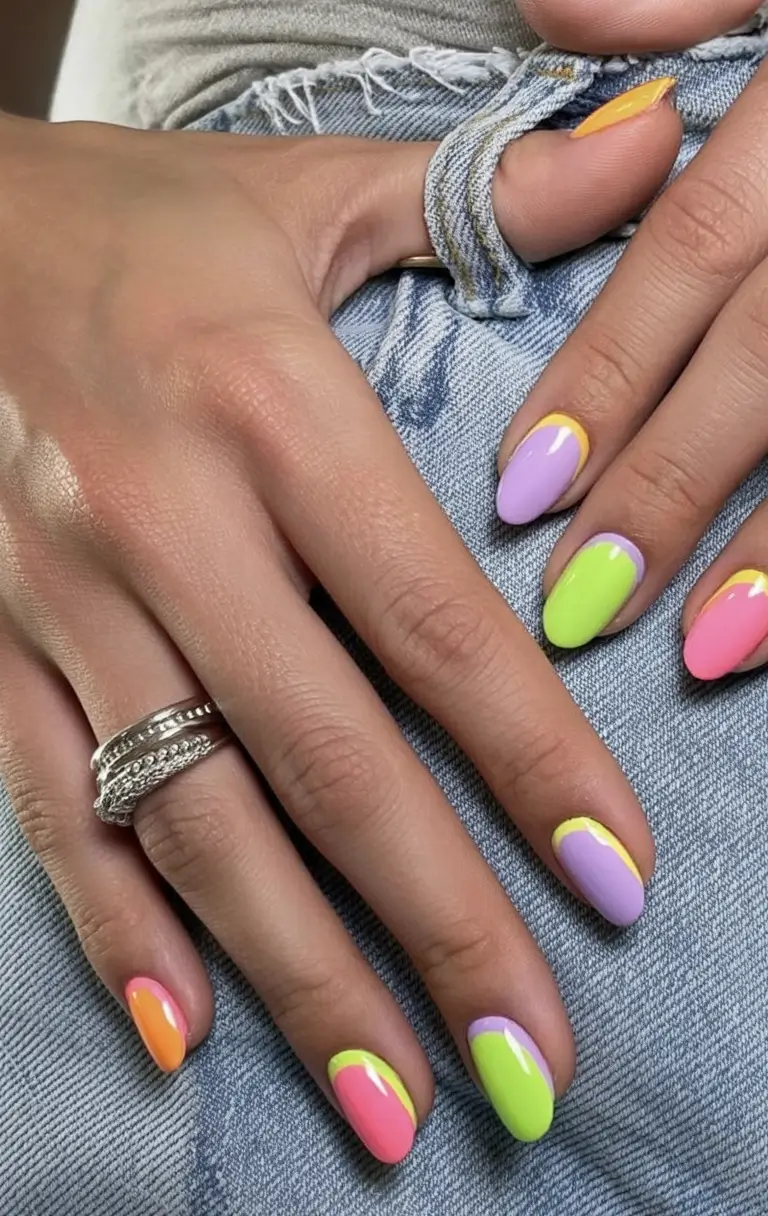 Oval Nail Looks for Summer 2025 Neon Pop French Tips With A Twist