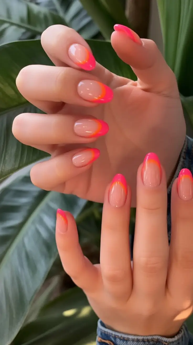 Oval Nail Looks for Summer 2025 Sunset French Fade With Neon Glow