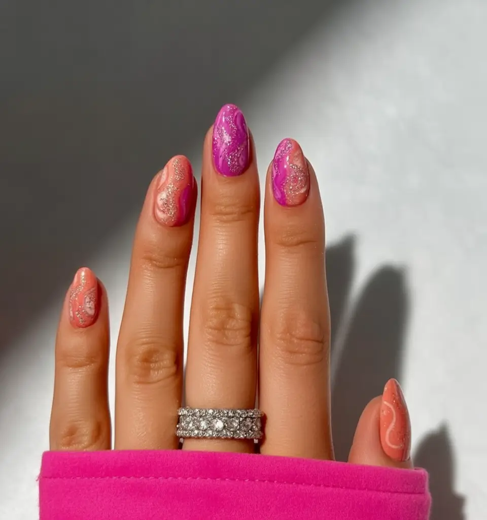 Pink Summer Nails for 2025 Vibes Sparkling Coral Swirls