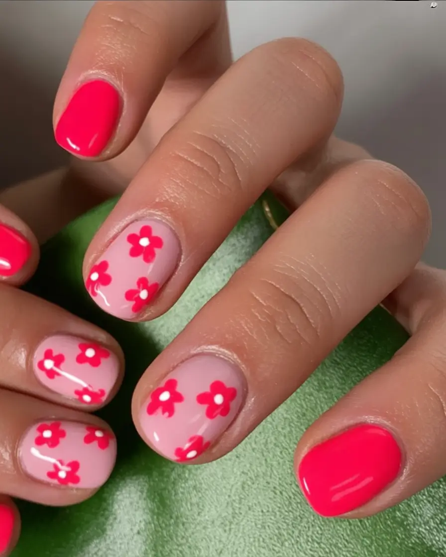 Pink Summer Nails for 2025 Vibes Hot Pink Meets Retro Floral Pop