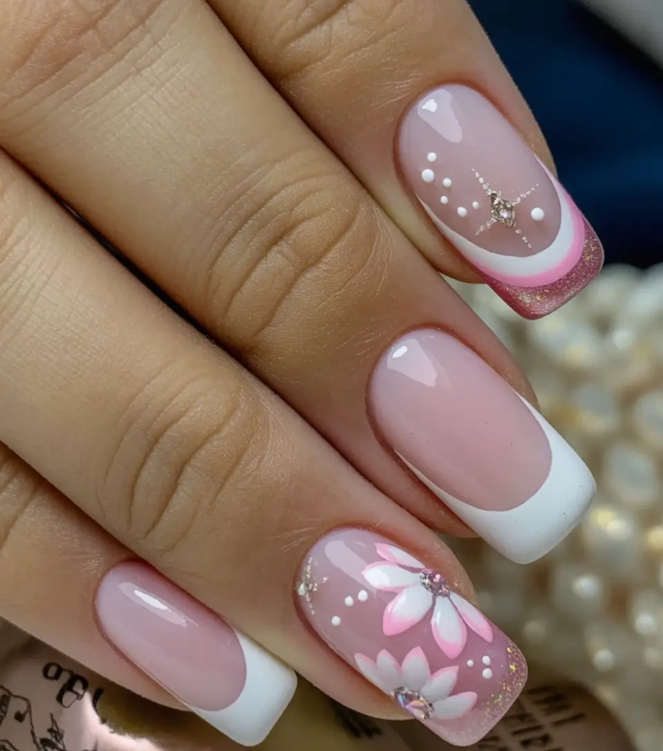 Pink Summer Nails for 2025 Vibes French Twist with Floral Elegance
