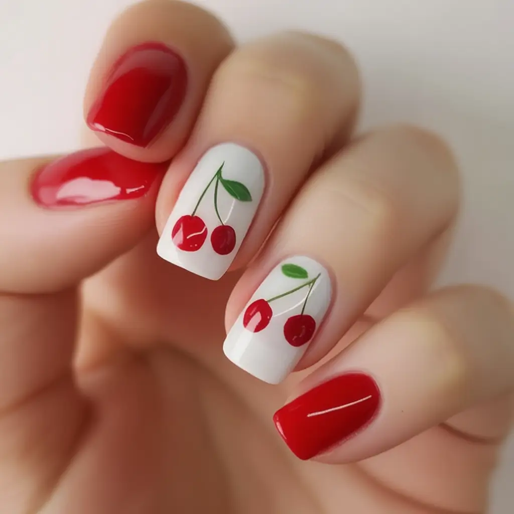 Pretty Nails You’ll Love in 2025 Cherry Pop Charm with a Glossy White Twist
