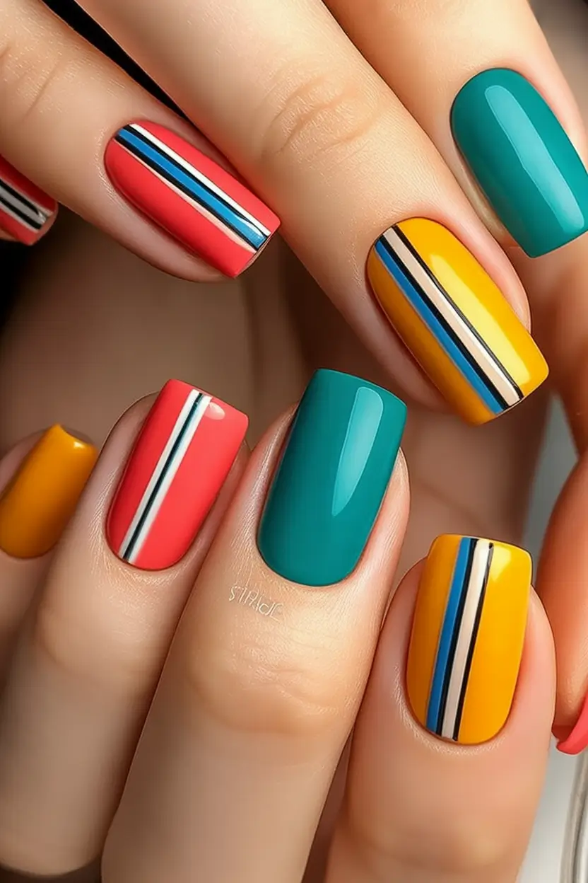 Pretty Nails You’ll Love in 2025 Retro Stripe Revival in Primary Pop