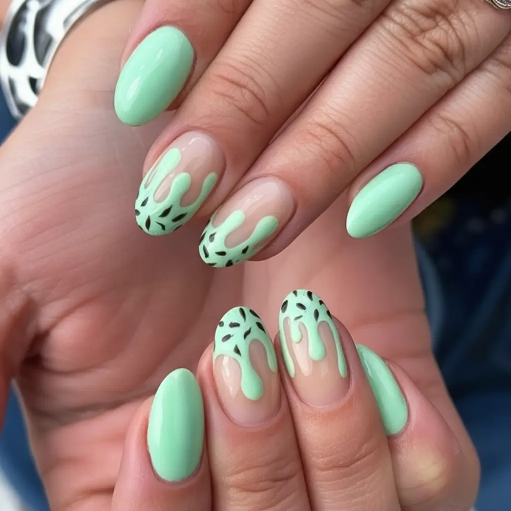 Pretty Nails You’ll Love in 2025 Mint Drips with a Melon-Twist Edge