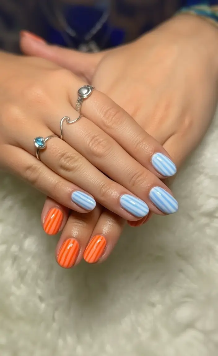 Pretty Nails You’ll Love in 2025 Striped Sorbet in Orange and Sky