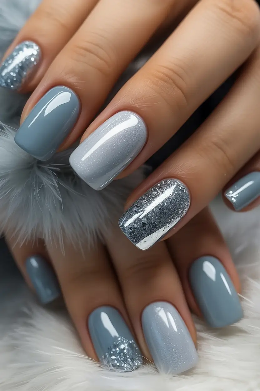 Pretty Nails You’ll Love in 2025 Frosted Grays with Glitter Accents