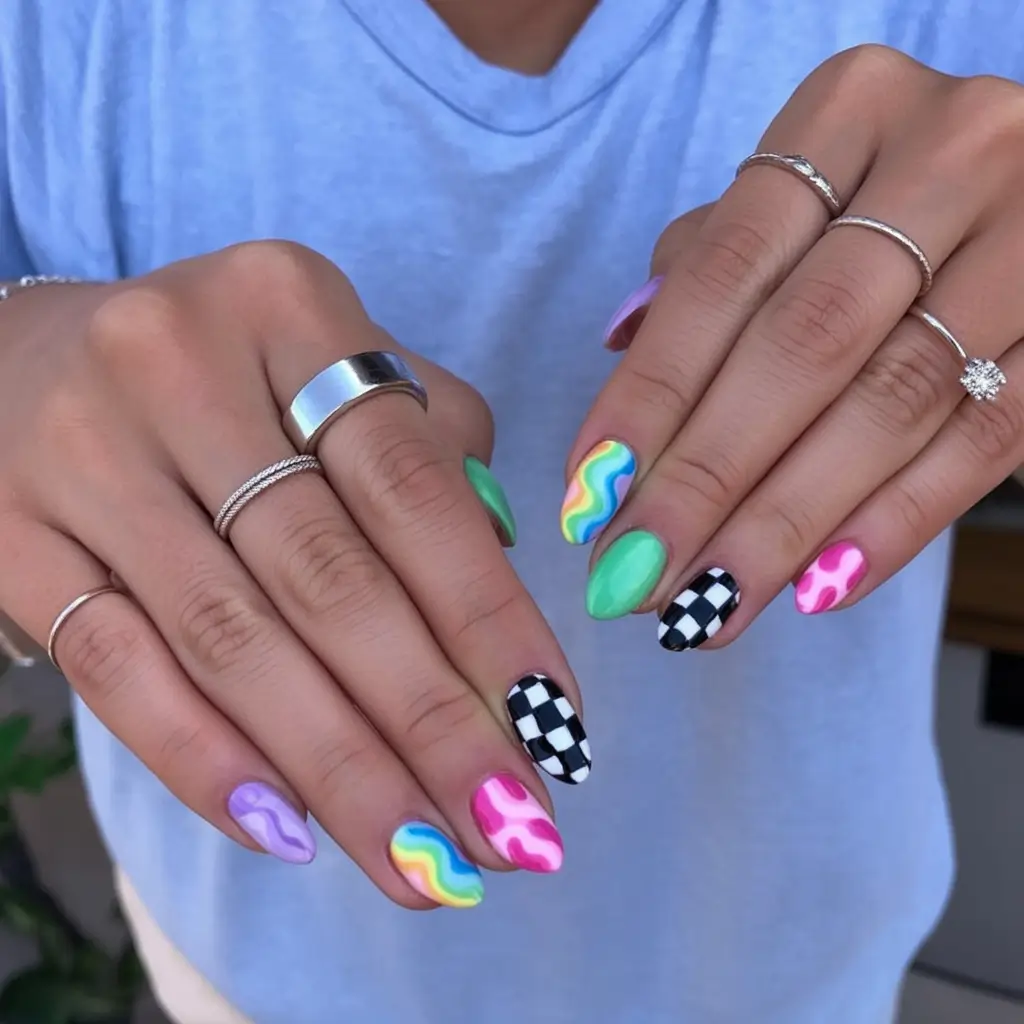 Pretty Nails You’ll Love in 2025 Color-Pop Checkerboard & Swirl Combo
