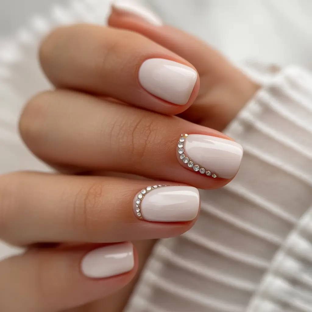 Pretty Nails You’ll Love in 2025 White Luxe with a Rhinestone Curve